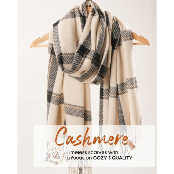 Winter Scarf Women's Shawl Cashmere Feel Tassel Plaid Oversized Scarves Beige - Picture 4 of 6